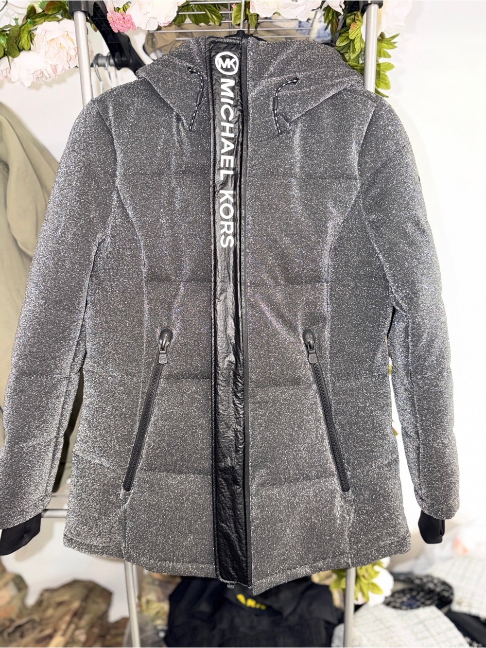 Michael Kors Metallic Silver Quilted Puffer Jacket with Hood
